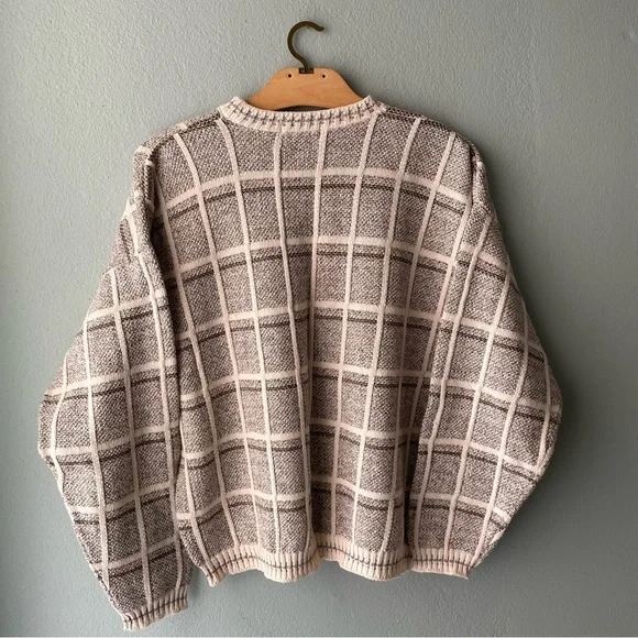 Bill BlassVintage 90s Beige Plaid Knit Eclectic Grandpa Sweater
